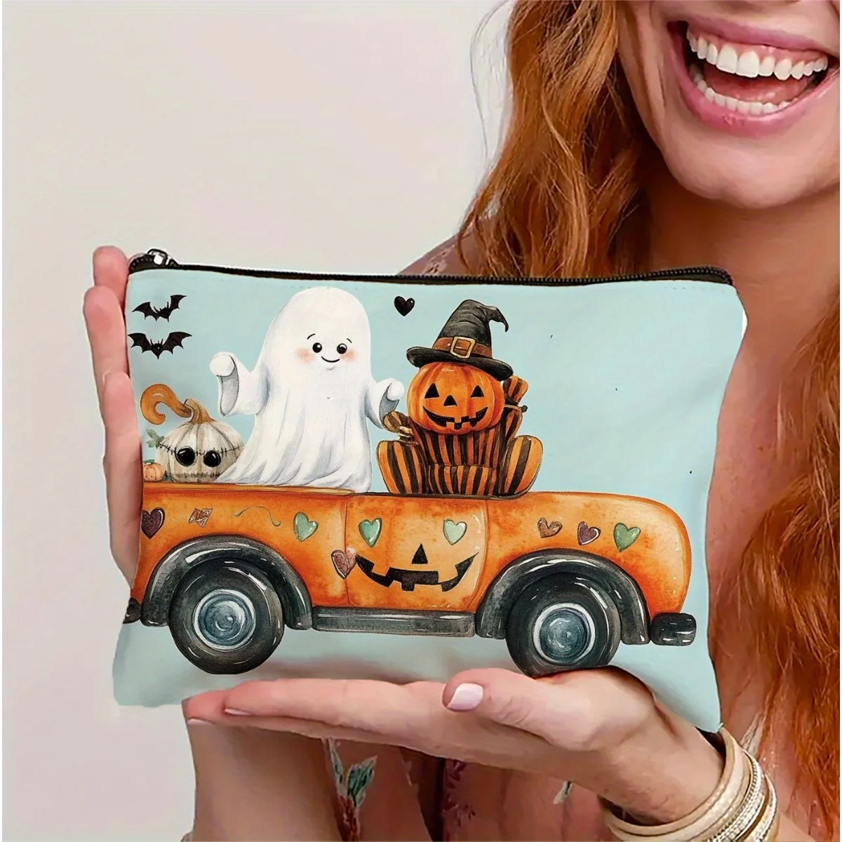 

A Halloween Truck Pumpkin Ghost Pattern Printed Makeup Bag- Multifunctional Zipper Pouch, Jewelry Storage Bag