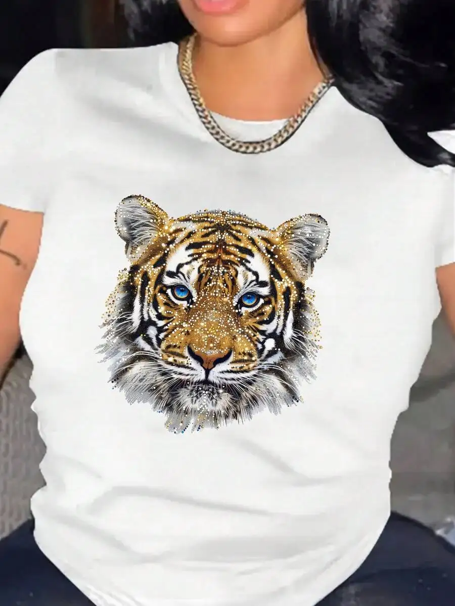 Women's Comfort Fit Crew Neck Short Sleeve T-Shirt, Sparkling Tiger Artwork Graphic Print, Versatile Casual Outfit, Nice Gift For Tiger Art Lovers