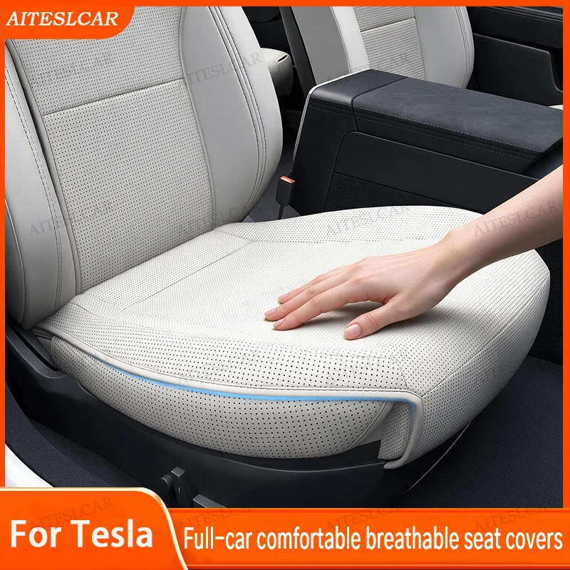 Four Seasons Universal PU Ventilated Seat Cushions For Tesla Model YL/Y Juniper Y Standard,Split Single Seats& Rear Back Row Set
