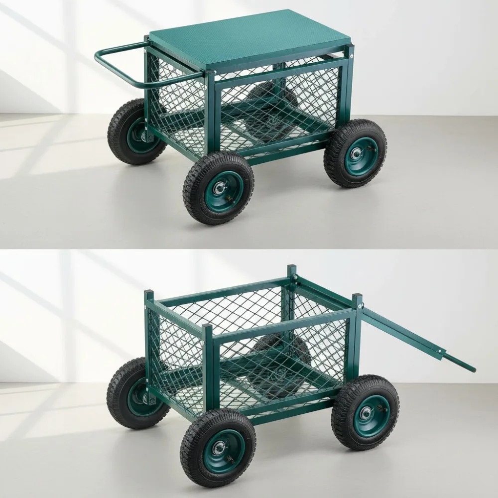 

Heavy Duty Rolling Garden Cart with Seat, 400LB Capacity All-Terrain Wagon Stool for Outdoor Lawn Patio