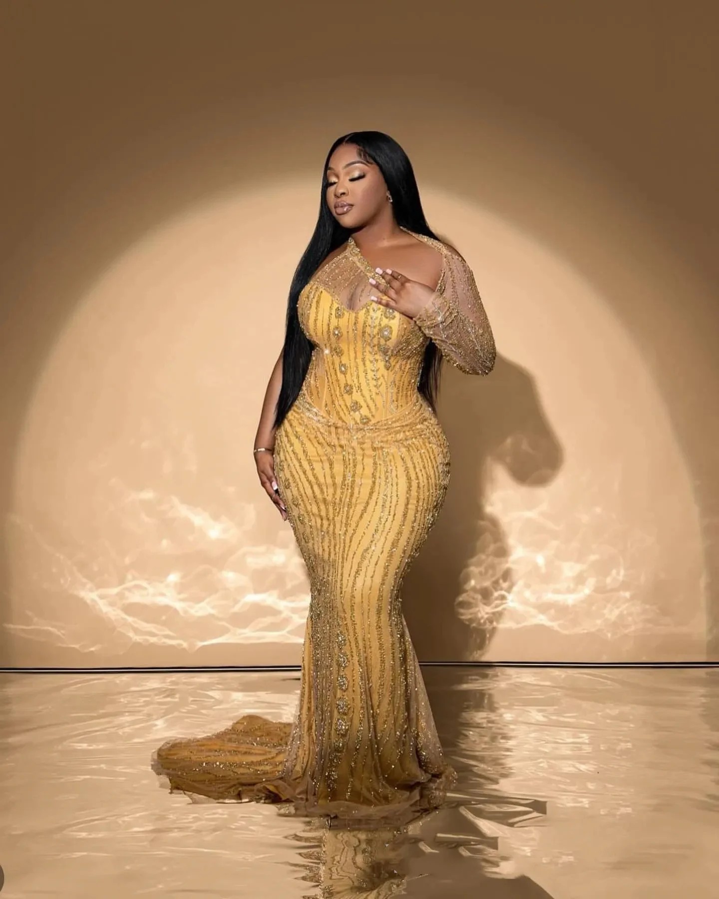 

Elegant Mermaid Promdress One Shoulder Long Sleeves Beaded Lace Birthday Dress Second Reception Gowns AM1194 2024 Plus Size Gol