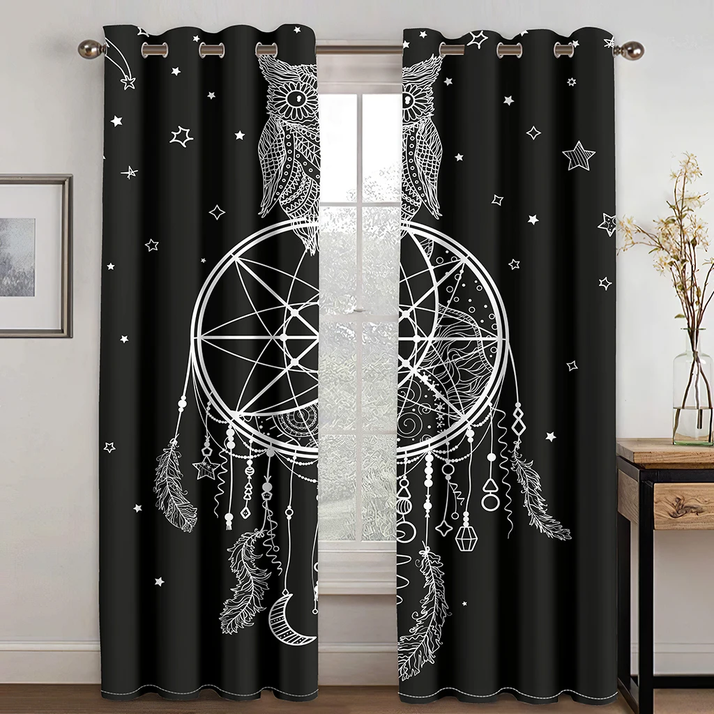 

3D Black & White Dreamcatcher Owl Curtains Colorful Owl Texture Curtains 2 Panels Living Room Bedroom Kids Room Window Decor