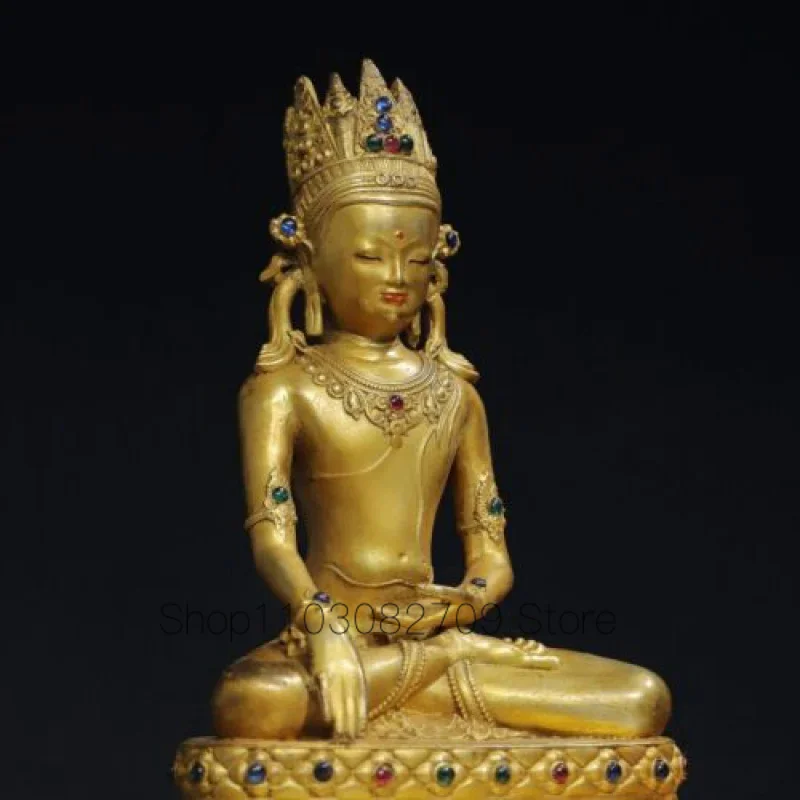 Rare Ancient Tibetan Bronze Gilded and Gem Inlaid Buddha Statue