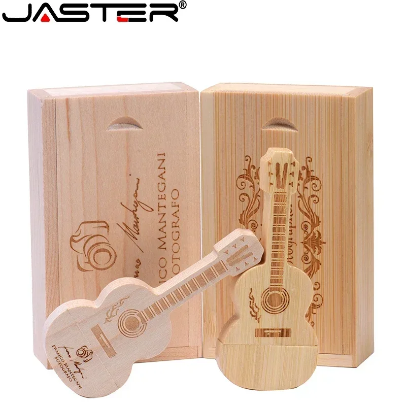 JASTER Wood Guitar USB Flash Drives 128GB Free Custom Logo Pen Drive 64GB Wooden Box Memory Stick Music Creative Wedding Gift 8G