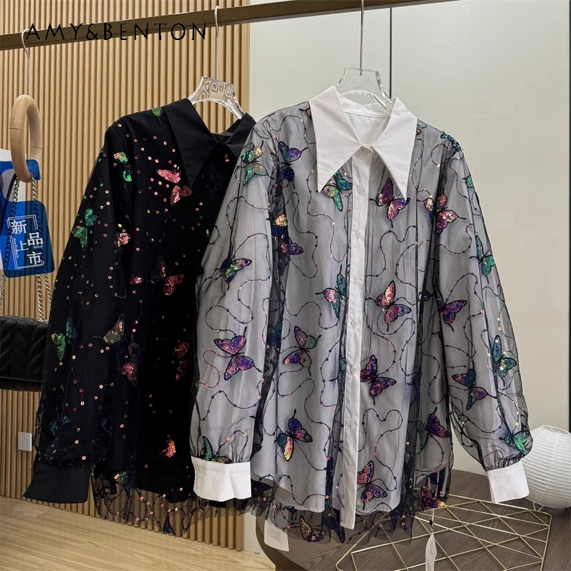 

2025 Spring New Abstract Art Sequined Butterfly Mesh Fake Two Pieces Fashion Design Long-sleeved Shirt Single-breasted Blouse