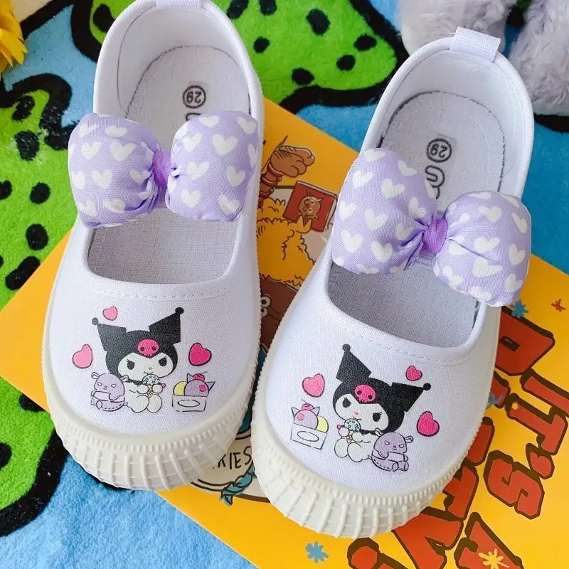 Sanrios Kuromi Cinnamoroll My Melody Pompom Purins Cartoon Cute Children\\\\\'s Canvas Shoes Kindergarten Kids Indoor White Shoes