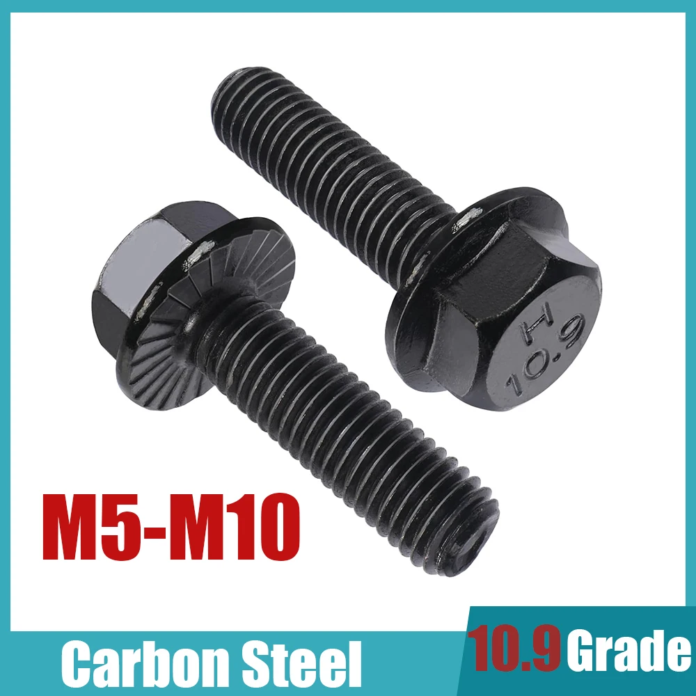 25 M5-M10 mm flange hexagon head bolts, external flange hexagon drive screws, 10.9 grade black zinc coating, alloy steel, full c