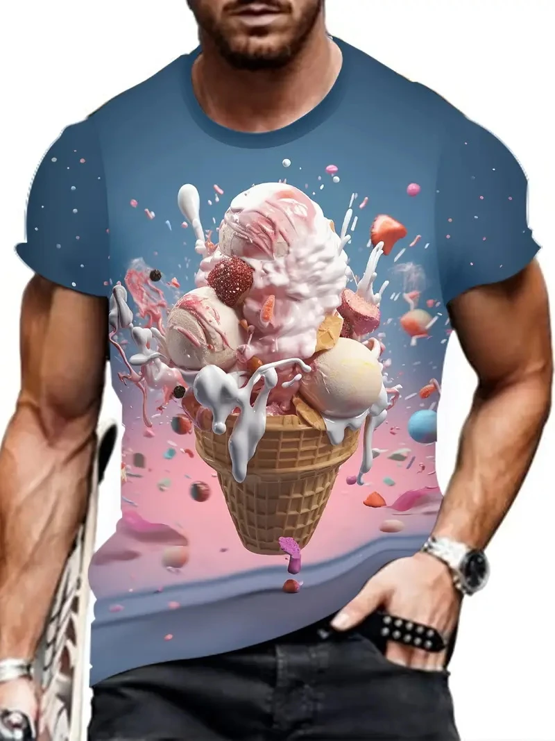 メンズプラスサイズ3Dプリントアイスクリーム柄プリントTシャツファッションサマークルーネック半袖キッズ向けトレンド新作Tシャツ