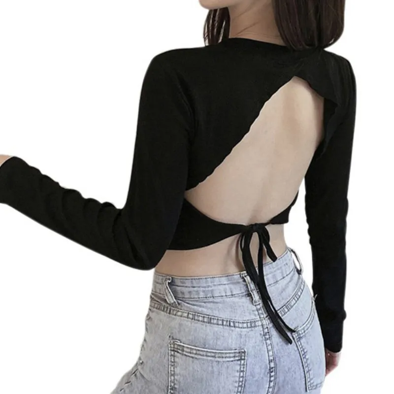 Women Sexy Long Sleeve Backless Top Open Back Shirt Crewneck Cutout Casual Y2K Tshirt