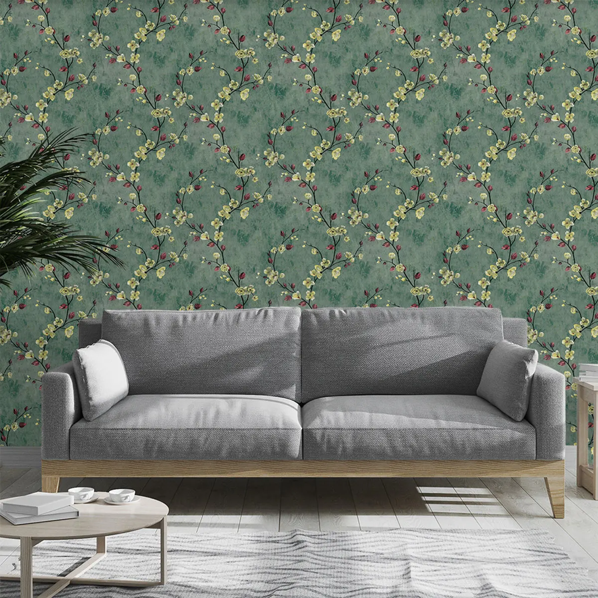 1 green-base yellow plum blossom branch pattern self-adhesive removable cyclic wallpaper PVC waterproof moisture