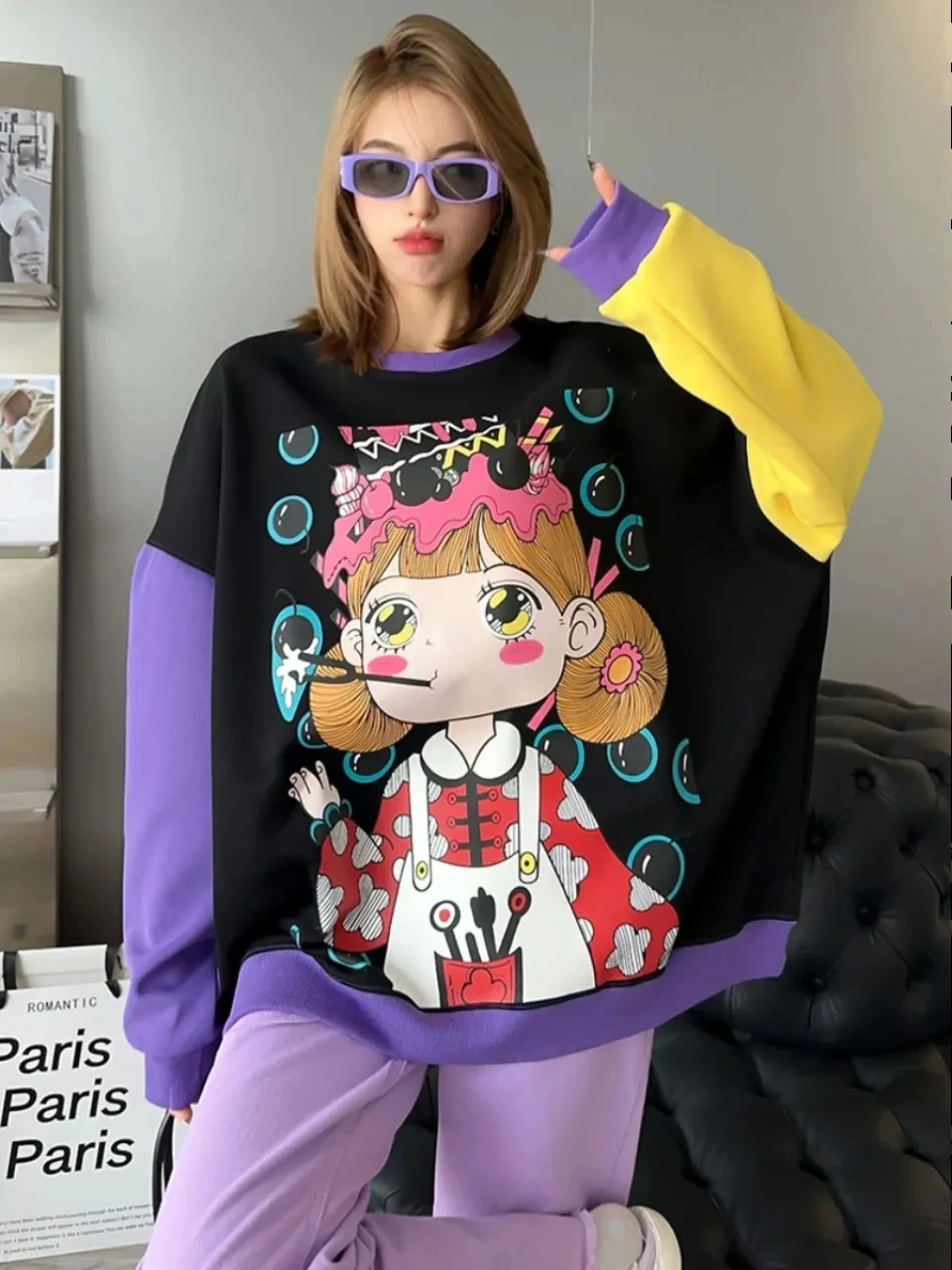 Oversized Autumn New Young Ladies Cartoon Print Sweatshirts Women Loose Street Female Patchwork Spliced Sweatshirts Tops NZ129