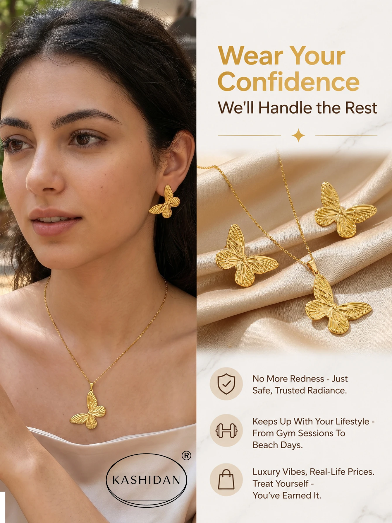 Fashion Stainless Steel Jewelry Set for Women Textured Butterfly Pendant Necklace Ribbed Insect Stud Earrings Bijoux
