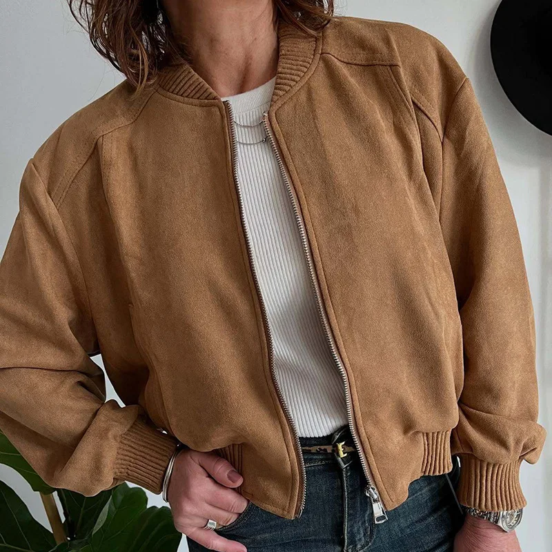 

Women's Suede Bomber Jacket Short Zipper Coat Casual Faux Leather Outerwear Autumn Winter Fashion Camel Jacket Versatile