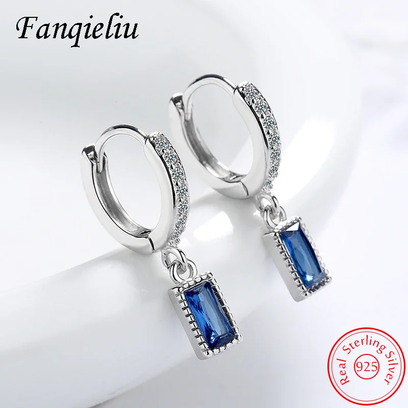 Fanqieliu Solid 925 Sterling Silver Jewelry New Square Blue Crystal Drop Earrings For Women Trendy FQL20494