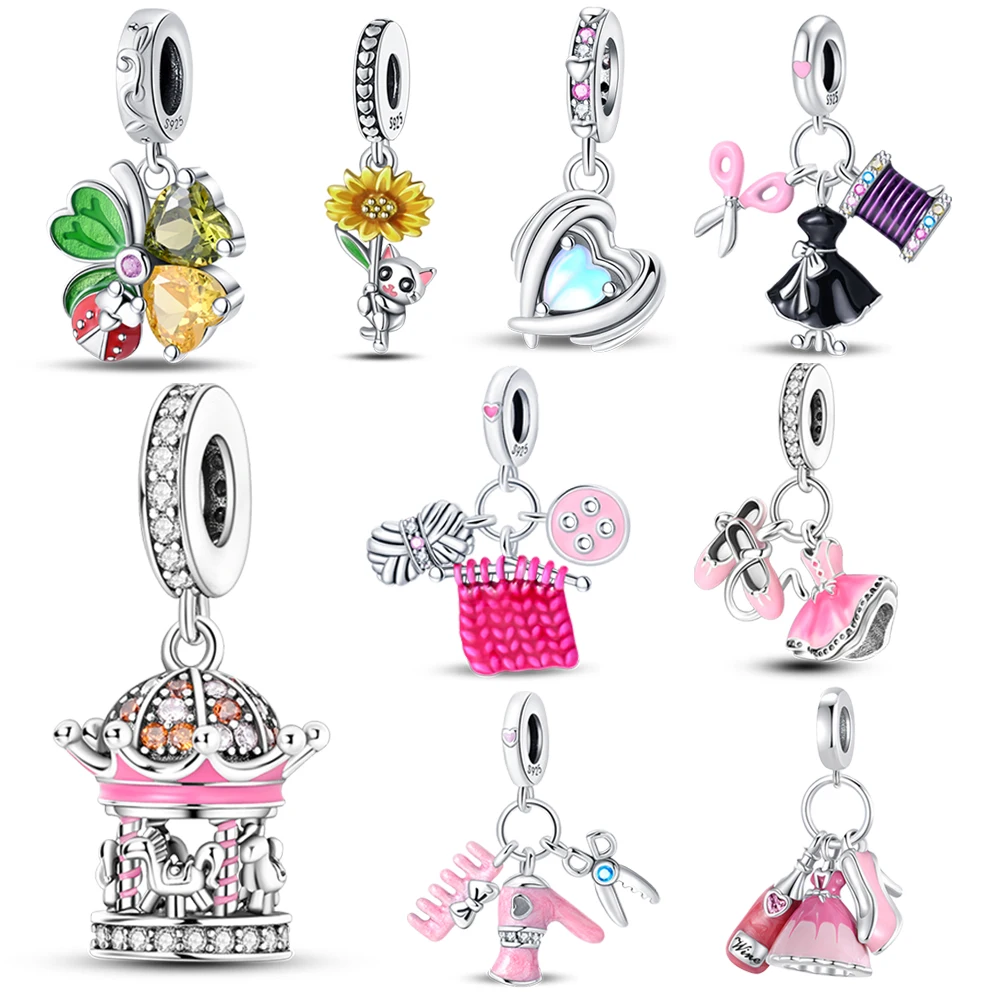 925 Sterling Silver Shining Clover&Sunflower&Carousel&Pink Skirt Dangle Charm Fit DIY Pandora Bracelet Lucky Jewelry