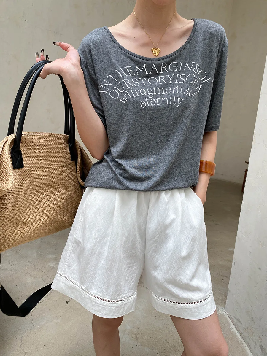 Sommerliches Damen-T-Shirt mit lässigem und modischem Design, Nischen-Design mit Buchstaben-Print, Rundhalsausschnitt und kurzen Ärmeln – Detail 12