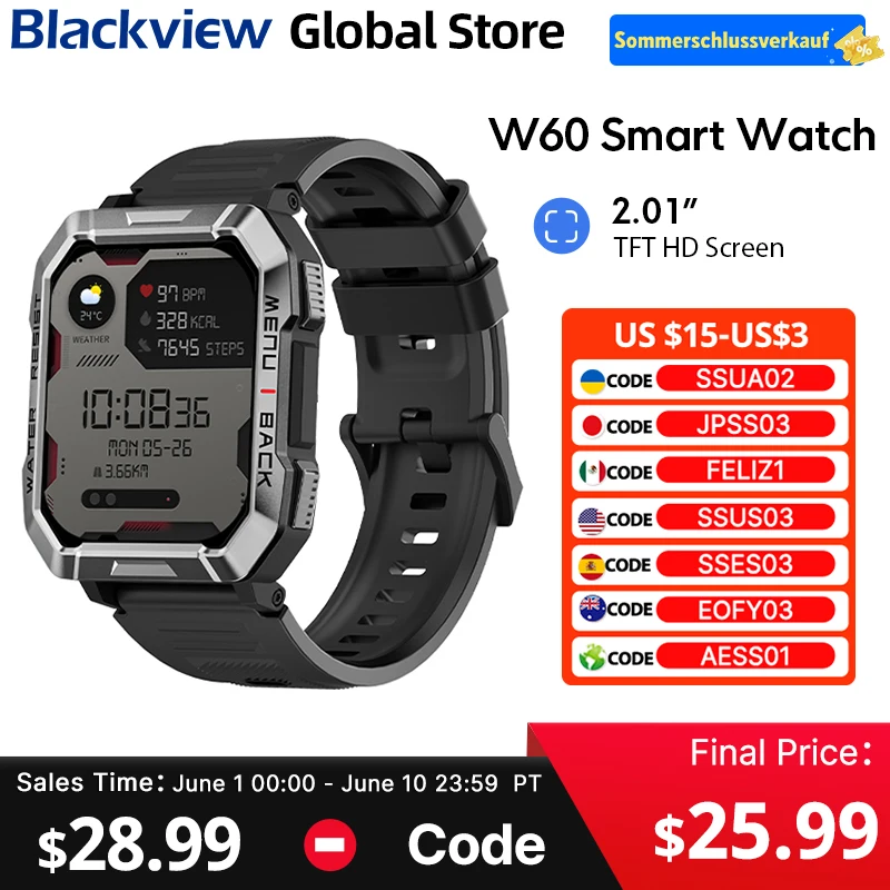 New Blackview W60 Smartwatch 2.01'' HD TFT Display 900mAh Bluetooth Calling Emergency Lighting  Rugged Smart Watch for Outdoor