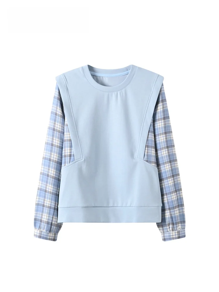 

plus Size Hoodie Women's Long Sve Patchwork Plaid Slimming Top Spring Season Casual Wear Polyester Cotton Spandex Blend