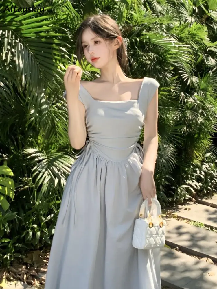 Maxi Dress Women Summer Princess Pure Elegant A-line Chic Shirring Aesthetic Soft Retro Square Collar Sexy Sweet College Party