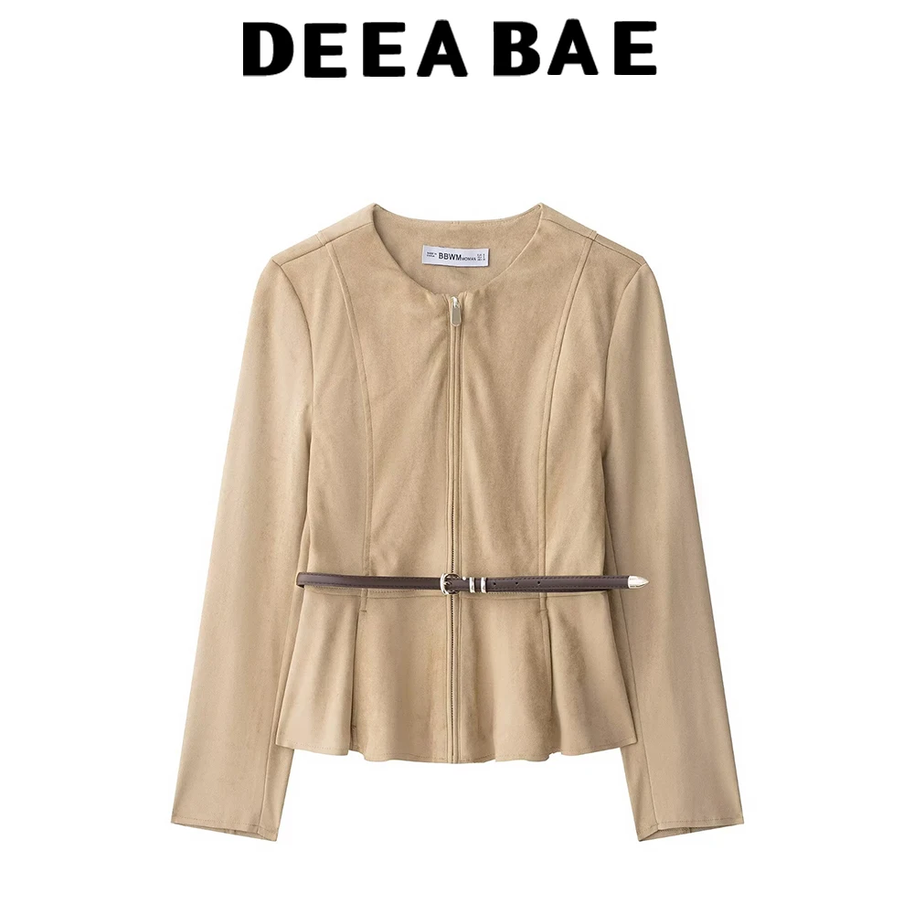 DEEABAE เสื้อแจ็คเก็ตแขนยาวคอกลมสำหรับผู้หญิงในฤดูใบไม้ร่วงพร้อมสายคาดเอวและเสื้อแจ็คเก็ตสไตล์กระโปรงสั้นหนังกลับ