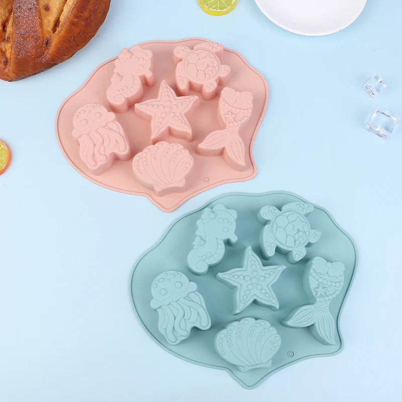 6 Grids Ocean Creatures Silicone Cake Mold DIY Shell Mermaid Tail Seahorse Starfish Chocolate Fondant Mould Baking Decoration