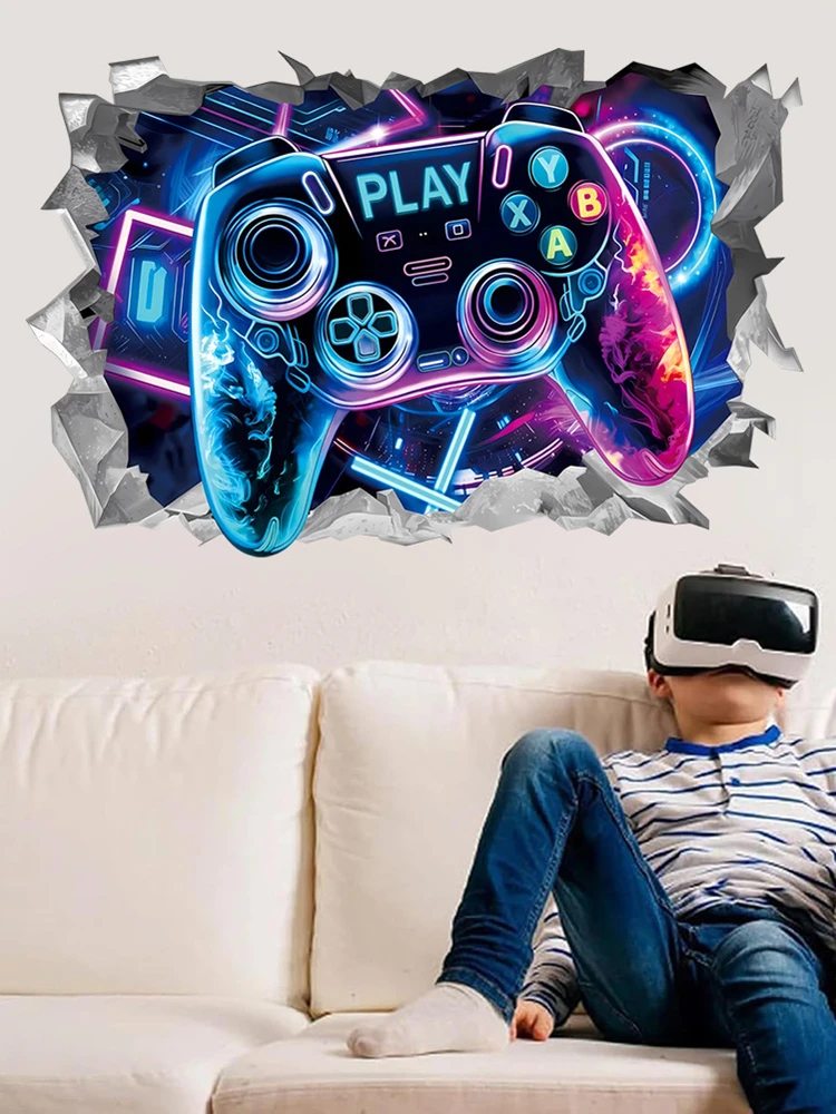 Stickers muraux 3D en vinyle avec espace géométrique, affiche de jeu de science-fiction, décoration murale, manette de jeu, lueur, maison, chambre d'enfant, salle de jeu