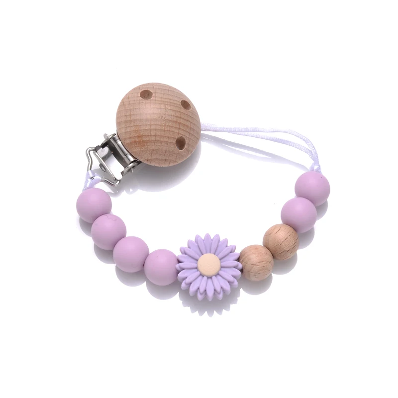 Baby Beech Wood Pacifier Clip Silicone Flower Beaded Nipple Chain For Baby Soother Pacifier Holder Chain Nursing Toy Shower Gift