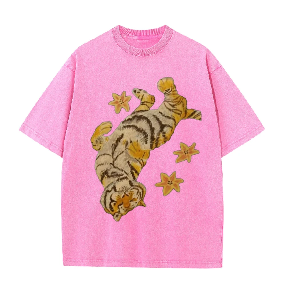 2026 Vintage Washed Black Upside Down Tiger Floral Graphic T Shirt Retro Oriental Animal Oversized Loose Streetwear Short Sleeve