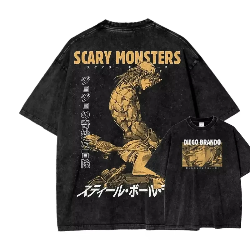 2026 JoJo SBR Double Vintage Washed T-shirt Diego Brando Scary Monsters Print Oversized Cotton Tee For Global JoJo Manga Fans