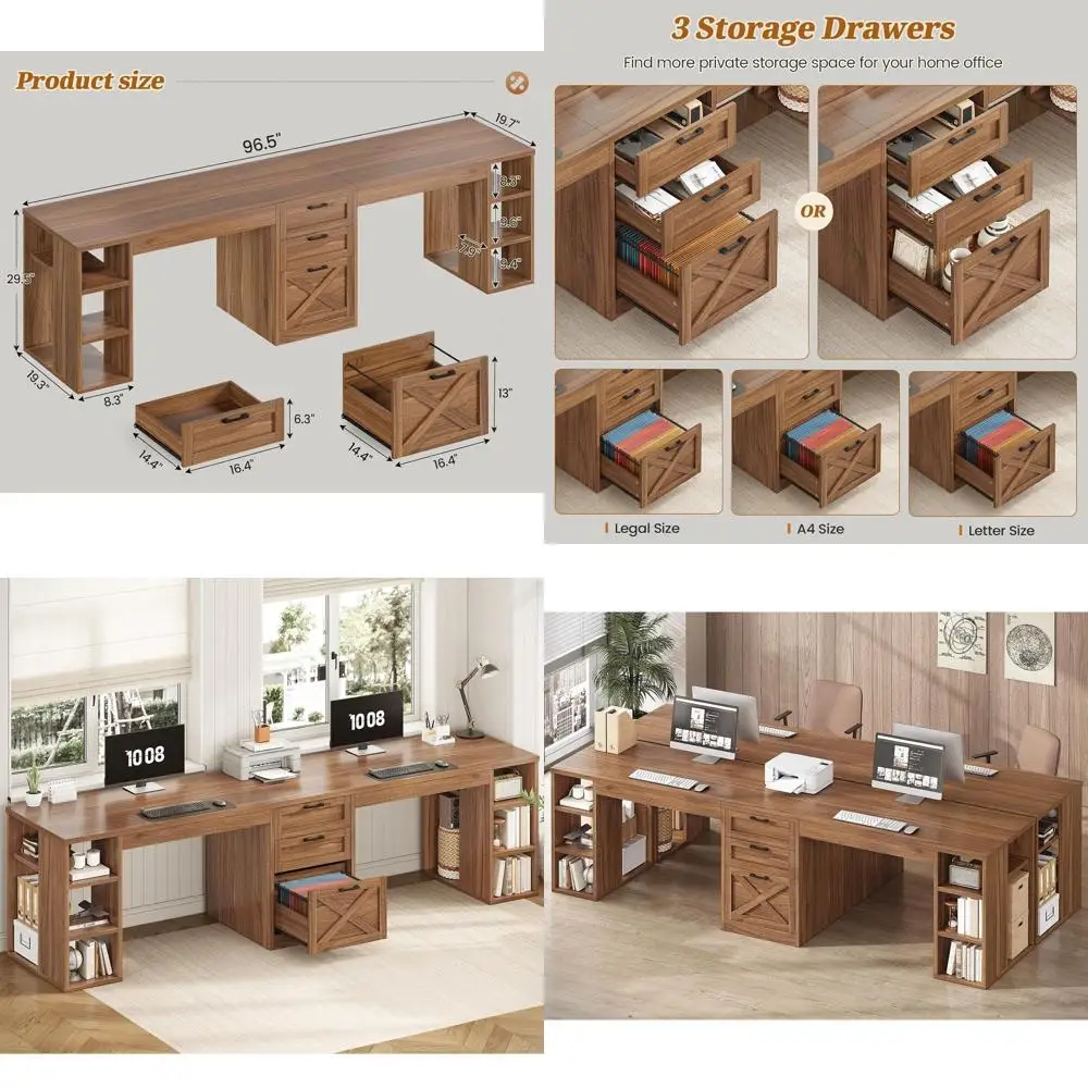 96.5'' Dual-Person Office Desk with Storage, Brown - Home & Gaming Desk for Two