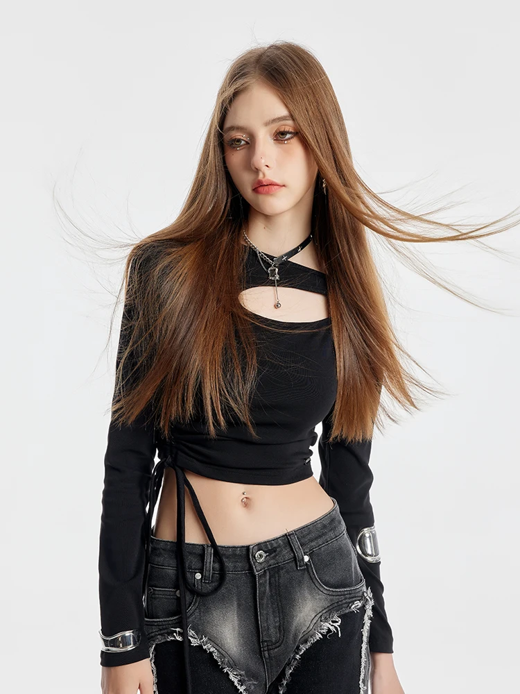Black Hollow out Long Sleeve T-Shirt Women's Drawstring Design Slim Fit Short Top for Casual Campus Travel Shopping Commuting...