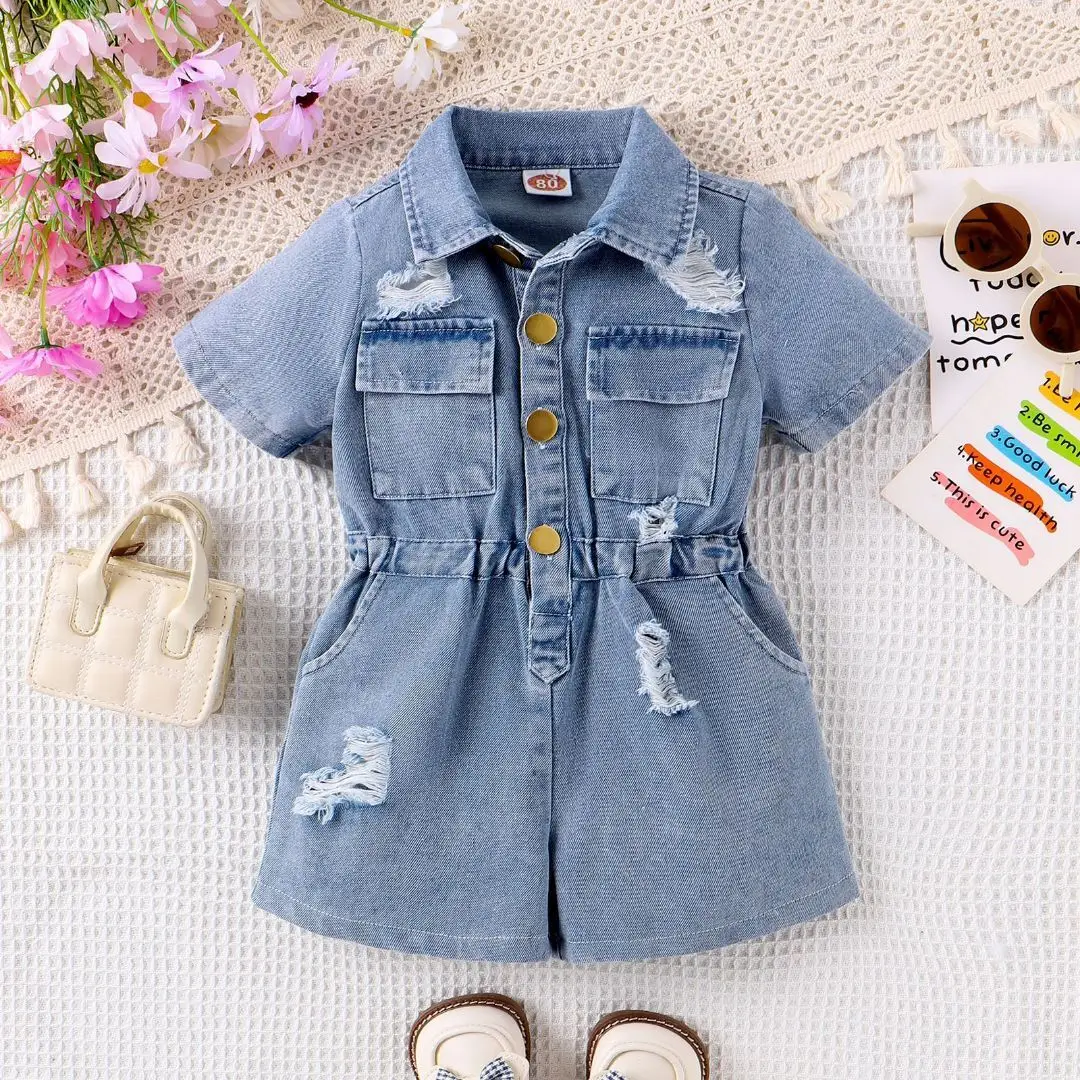 

0-3Y Kids Girls Jumpsuit Children Denim Blue Cotton Washed Clothing Rompers Baby Girls Sleeveless Jumpsuit Kids Overalls