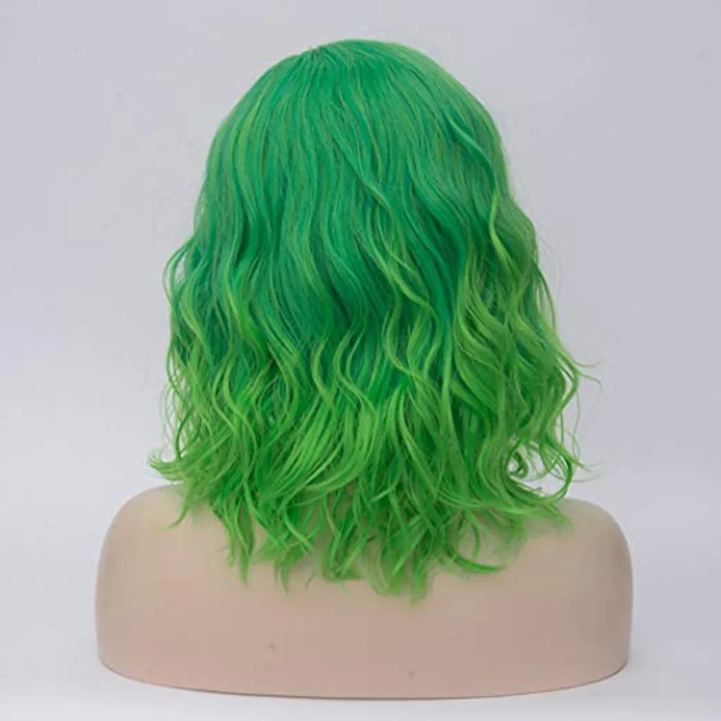 Women Green Cosplay Wig Shoulder Length Side Part Wavy Wig Synthetic Heat Resistant Hair Daily Clothing Matching Party Wigs