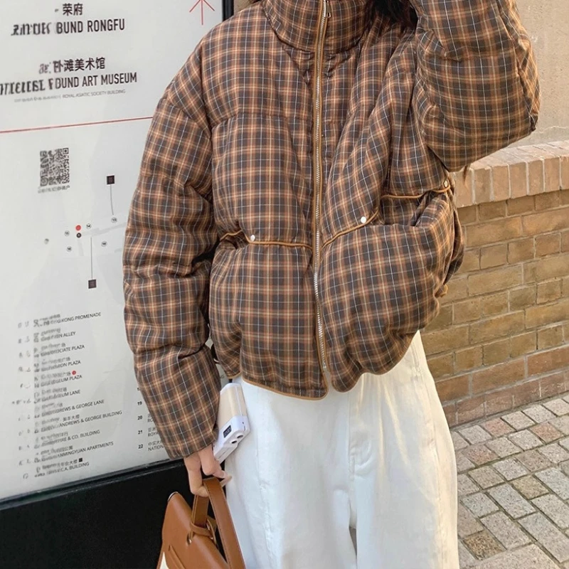 ملابس نسائية قصيرة منقوشة بالقطن لشتاء 2025 ملابس خبز جديدة بياقة واقفة #1