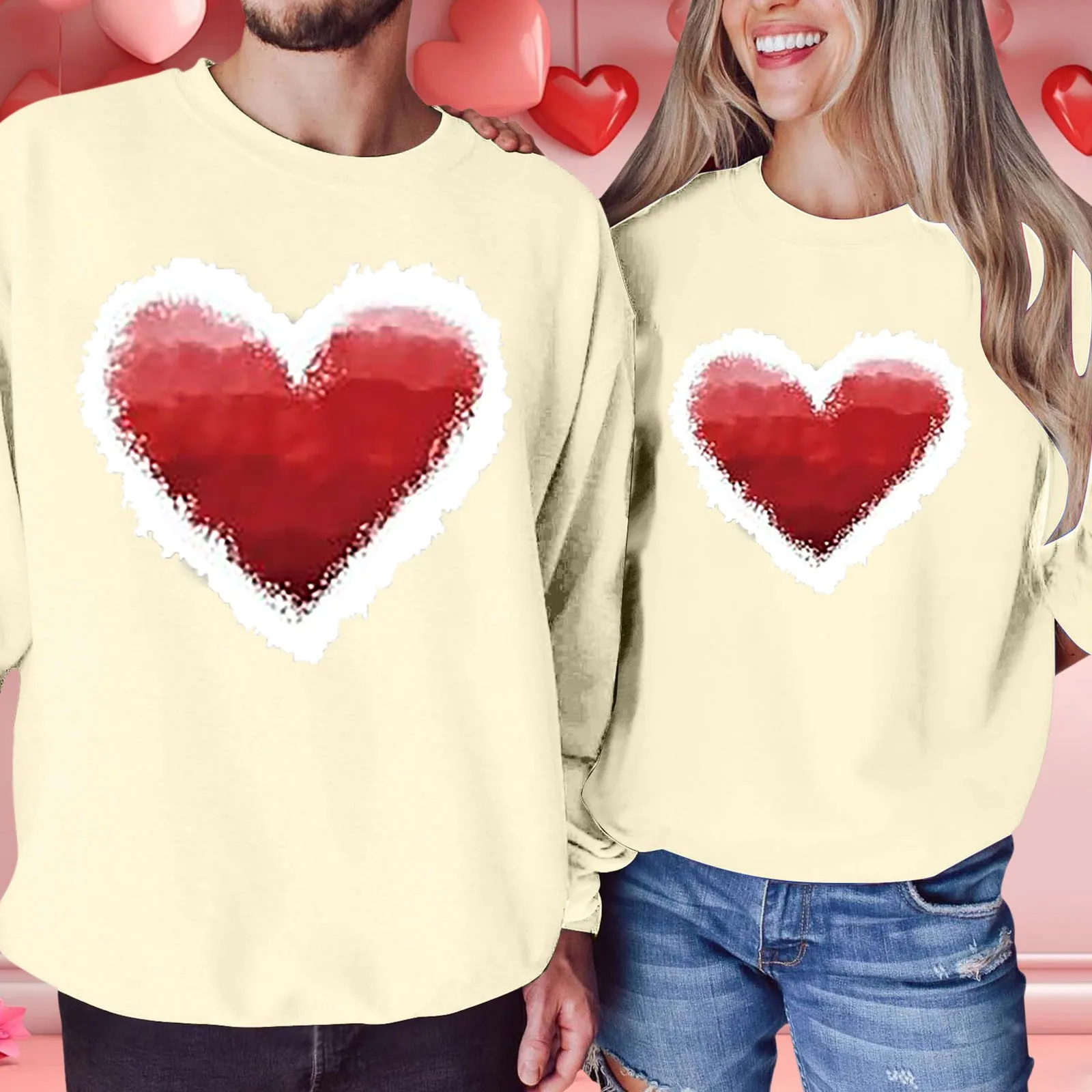 Heart-Shaped Printed Hoodie For Couples Long-Sleeved Baggy Sweatshirt Valentine's Day Gift Stylish Casual Hoodies Woman Clothing