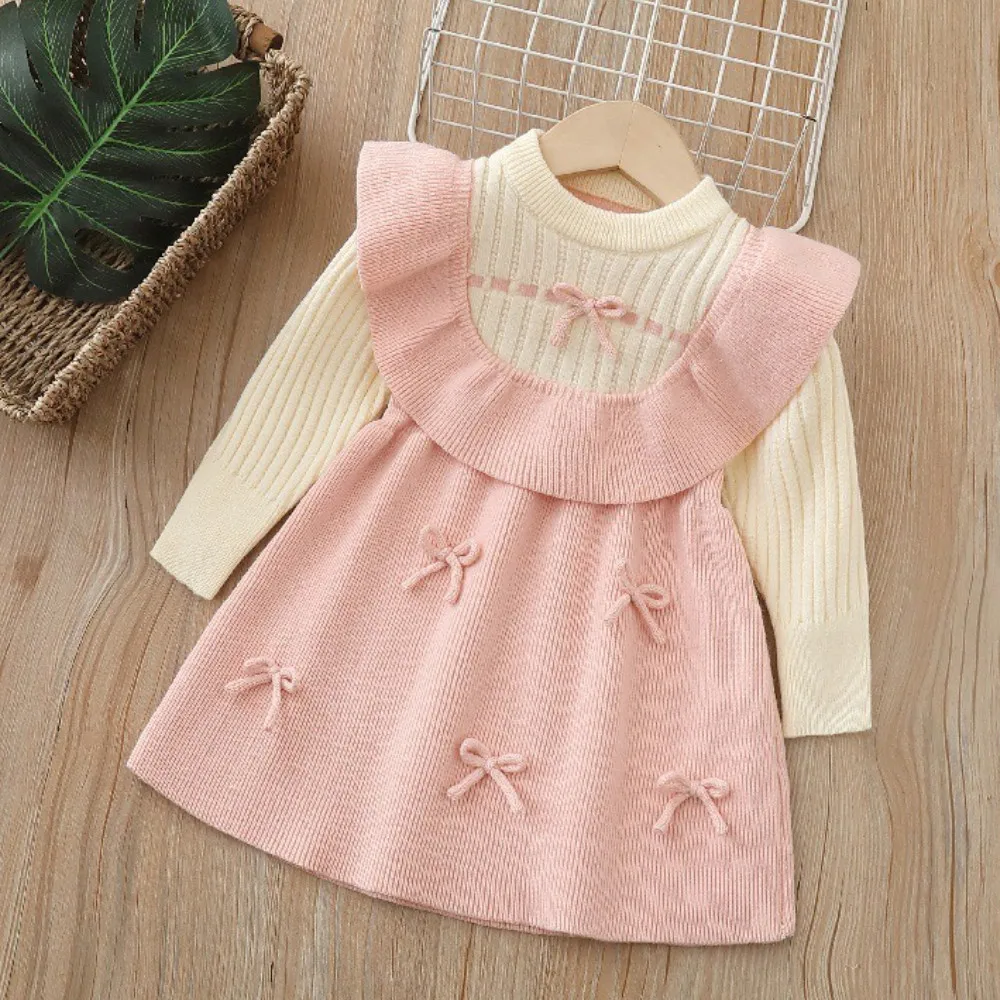 

Pink Fashion Color Blocked Bow Decoration Girls' Dresses Autumn and Winter Vacation Two-piece Sweater Children's Clothing