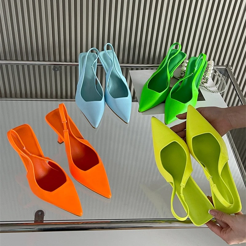 

Fashion Ladies Sandals Summer Sexy Pointed Toe Colorful Back Trip Strap Party Wedding Nightclub High Heeled Sandals Women