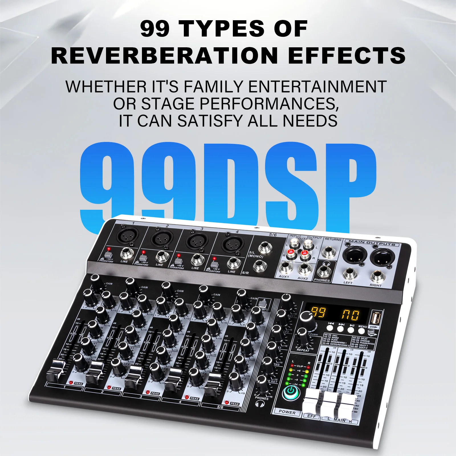 4 / 6 Channel Audio Interfacer DJ Mixer Sound Board 99-Bit DSP Effect USB Audio Mixer Effects +48V Phantom Bluetooth for Karaoke 