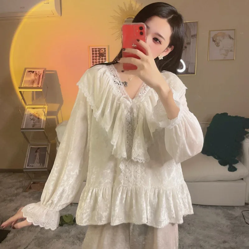 Thicken Warm Gold Velvet Sleepwear For Women Winter Pajamas Set Loose Long Sleeve V Neck Nightwear Pyjamas Female Home Suit