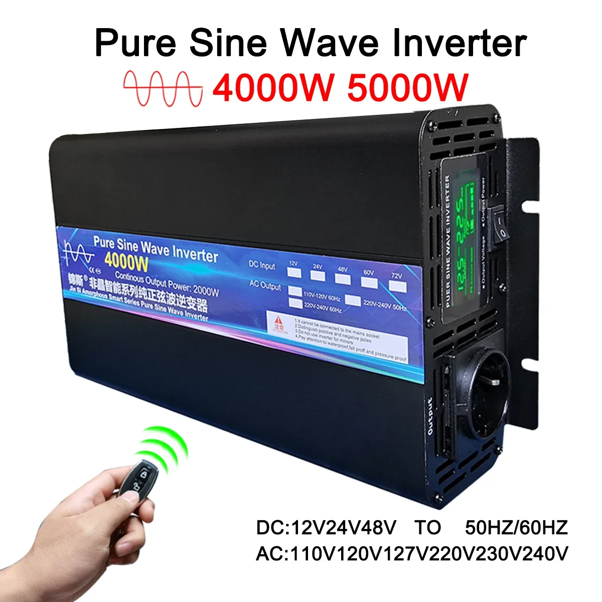 Pure Sine Wave Power Inverter 2000W 4000W 5000W DC12V/24V/48V to AC110V/127V/220V with Remote Control for Solar Car