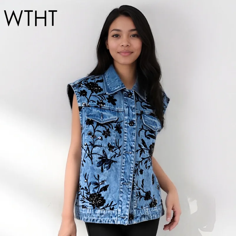 

WTHT Trendy New Women's Heavy Industry Sequins Embroidery Denim Vest 2025 Fashion Lapel Sleeveless Waistcoat Female 1LS2786