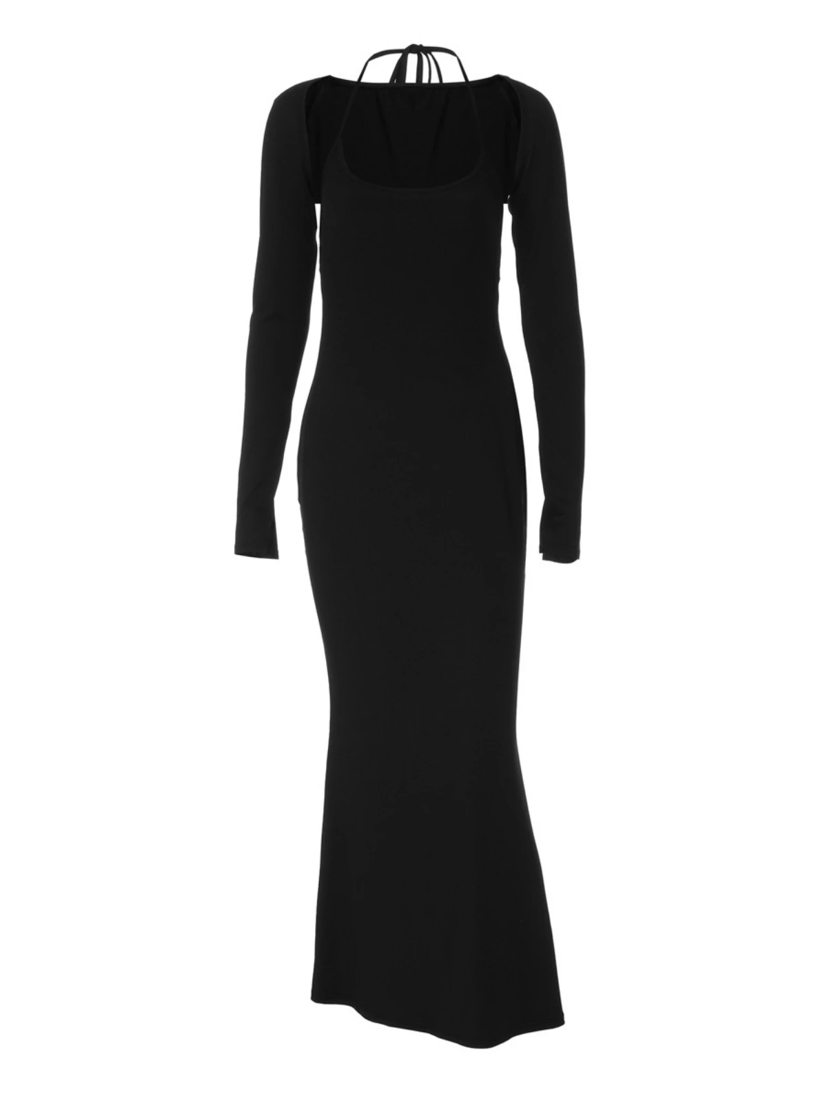 SsTss Sexy Frauen Zwei Stücke Set Einfarbig Neckholder Ärmelloses Rückenfreies, Figurbetontes Maxikleid + Langarm Arm Abdeckung Strickjacke