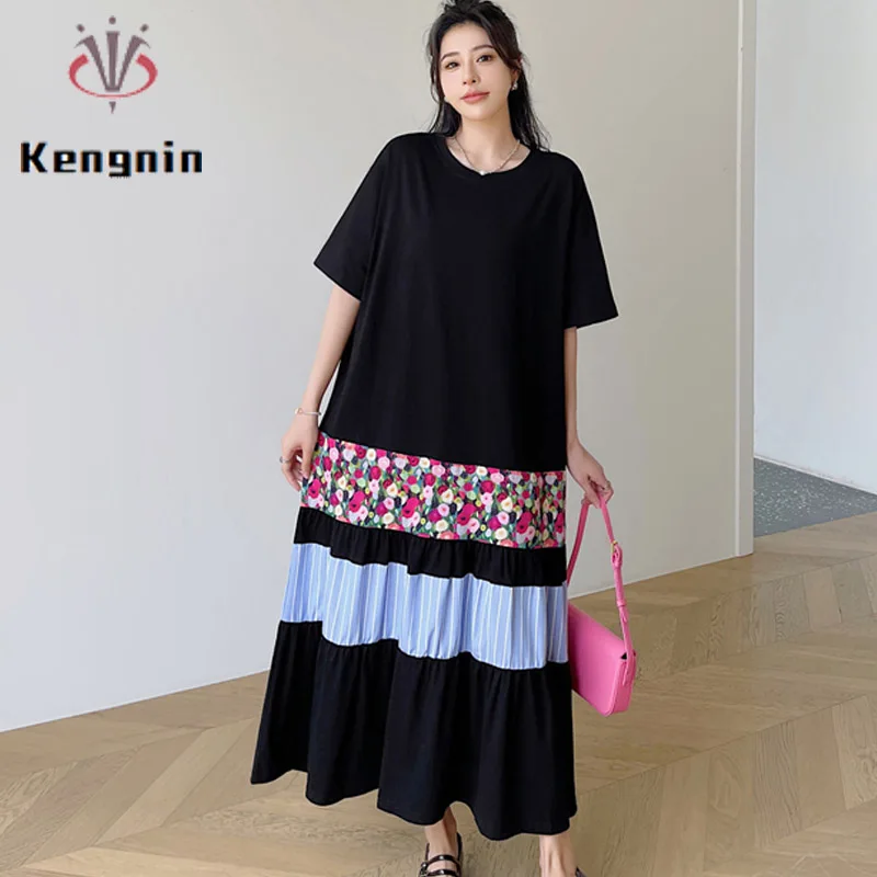 

Loose Summer Dresses 2023 Plus Size Patchwork Pleated Dress Cake Style Lady Vestido Casual T-Shirt Clothes Female Robe KE3573