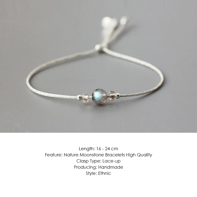 Bracciale fatto a mano in pietra di luna, corda sottile con perline in argento sterling 925 di cristallo naturale, braccialetti personalizzati per