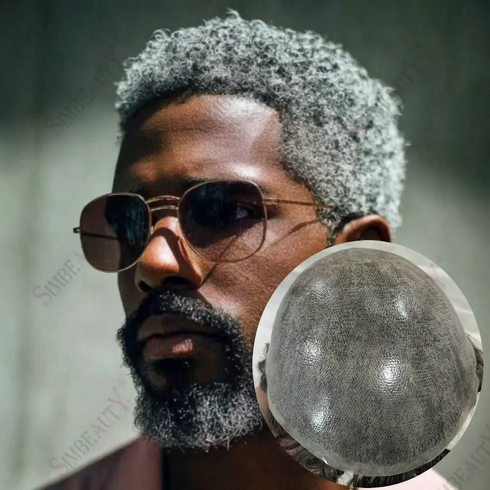 

6 мм плотные вьющиеся человеческие волосы мужской парик прочный полный PU основа из кожи незаметный капиллярный протез система серый черный шиньон