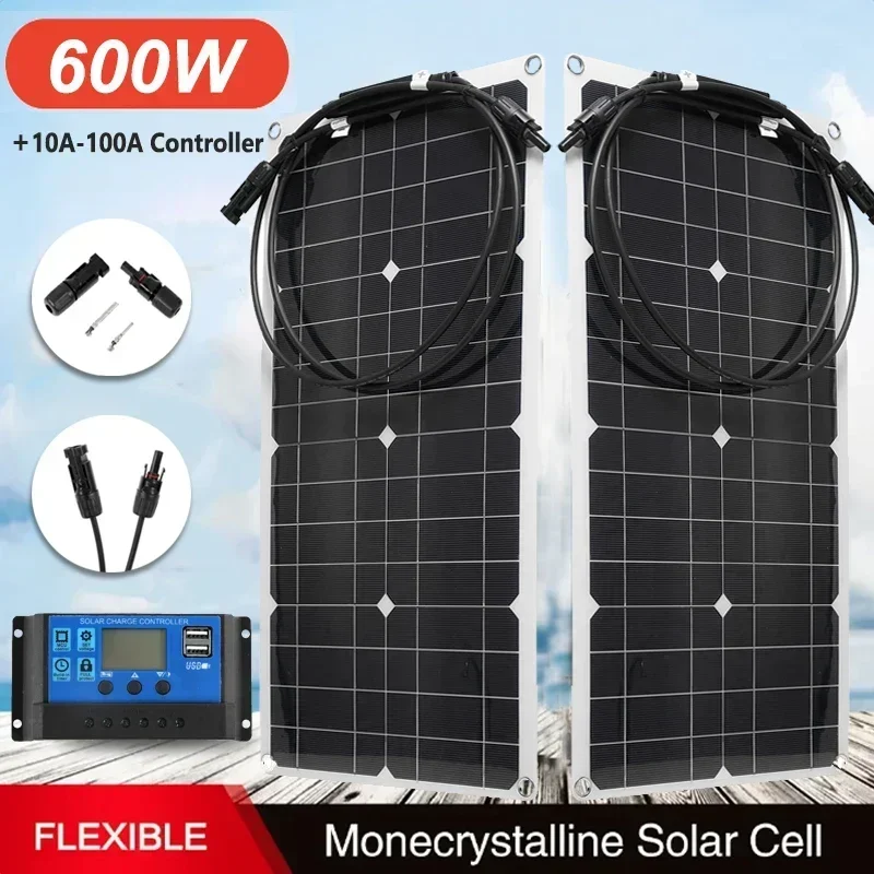 

Solar Panel Kit 300W 600W 18V Flexible Solar Cell with 100A Controller Power Bank for Home Phone Car RV Camping Battery Charger