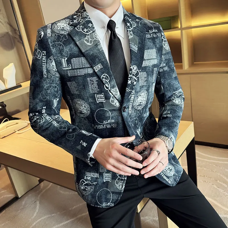 Men\'s Jacquard Denim Suit Jacket High-quality Luxury Blazer 2024 Autumn New Business and Leisure Wedding Groom\'s Dress Jacket