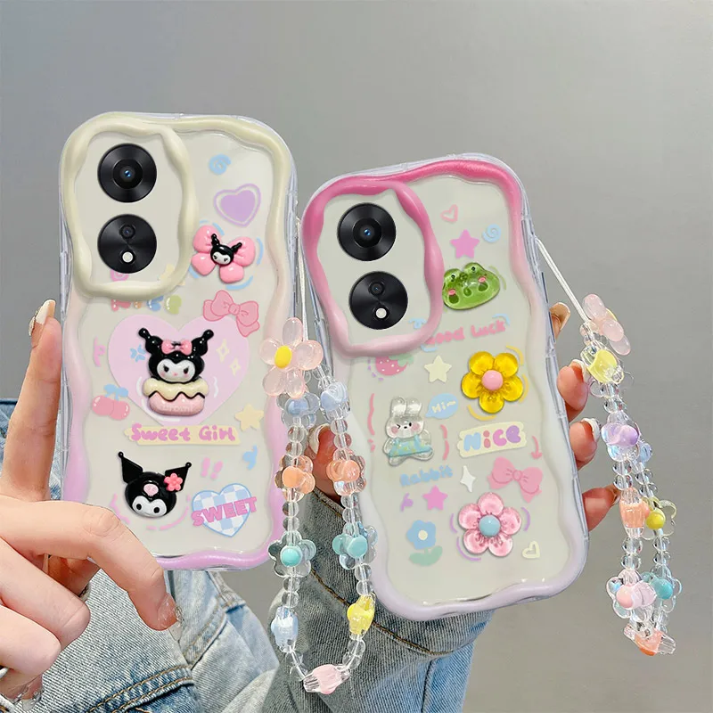 Kuromi Bear Rabbit Phone Case For Oppo A5 2020 A52 A53S A54S A55 A56 A57E A57S A58X A5S A72 A74 A76 A77S Wrist Strap Curly Cover