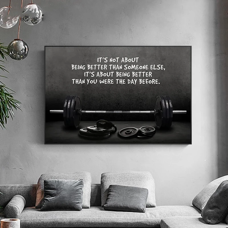 Modern Sports Art Posters and Prints Wall Canvas Art Barbell Decorative Painting Motivating Quote for Gym Room Fitness Lovers