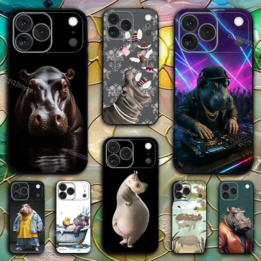 

Cute Hippo Hippopotamus For iPhone 17,16,15,14,13,12,11,Pro,X,XS,Max,XR,Plus,Mini Soft Silicone Phone Case Black Shockproof TPU